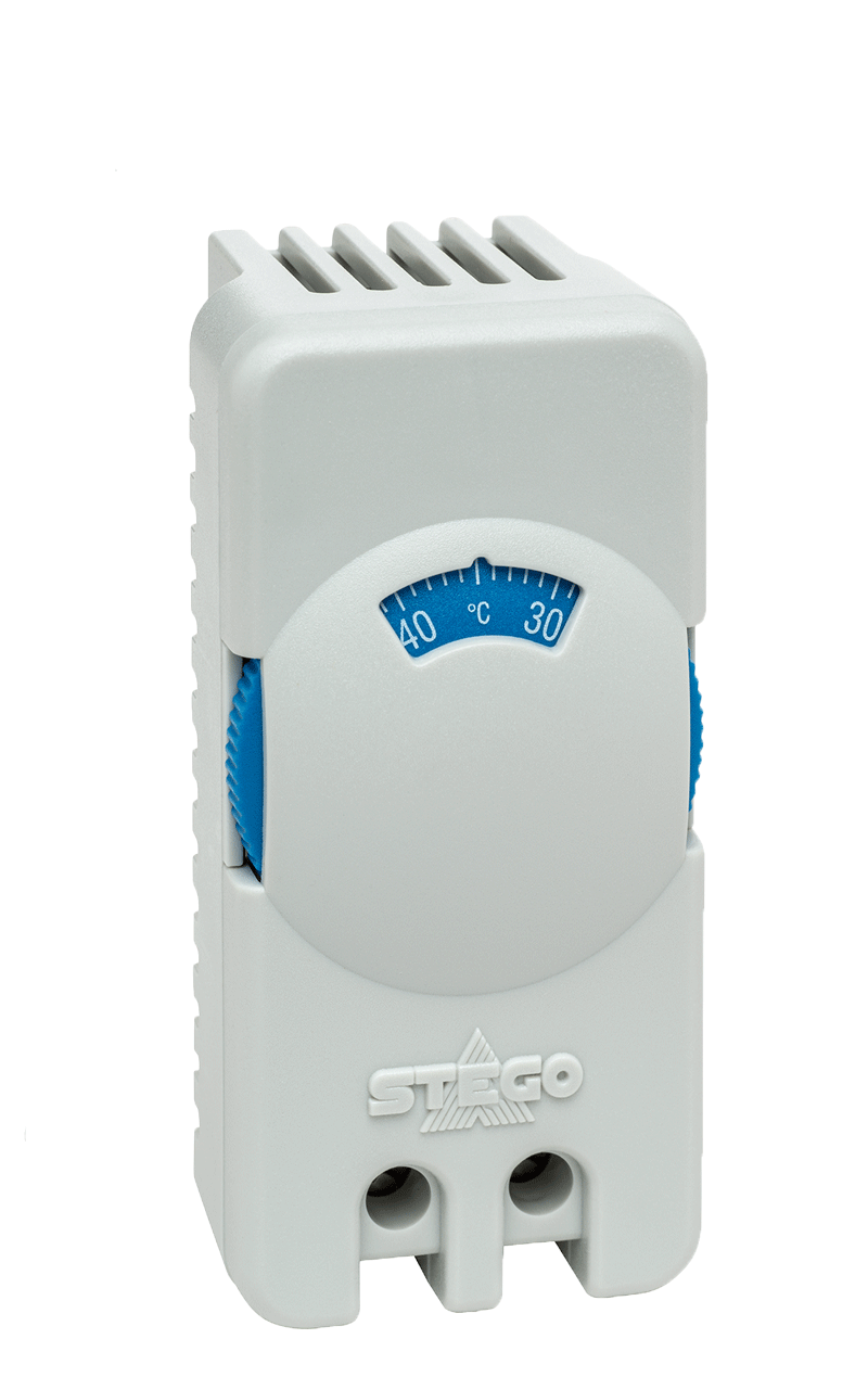 White thermostat with temperature display on a white background