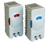 Two compact thumbwheel thermostats with one set featuring red dials for heating and the other set featuring blue dials for cooling.