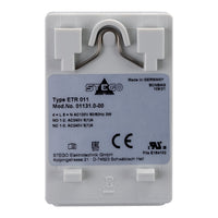 Electrical component with branding and certification labels on a white background