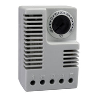 Gray electronic thermostats with dial controls and vented casing.
