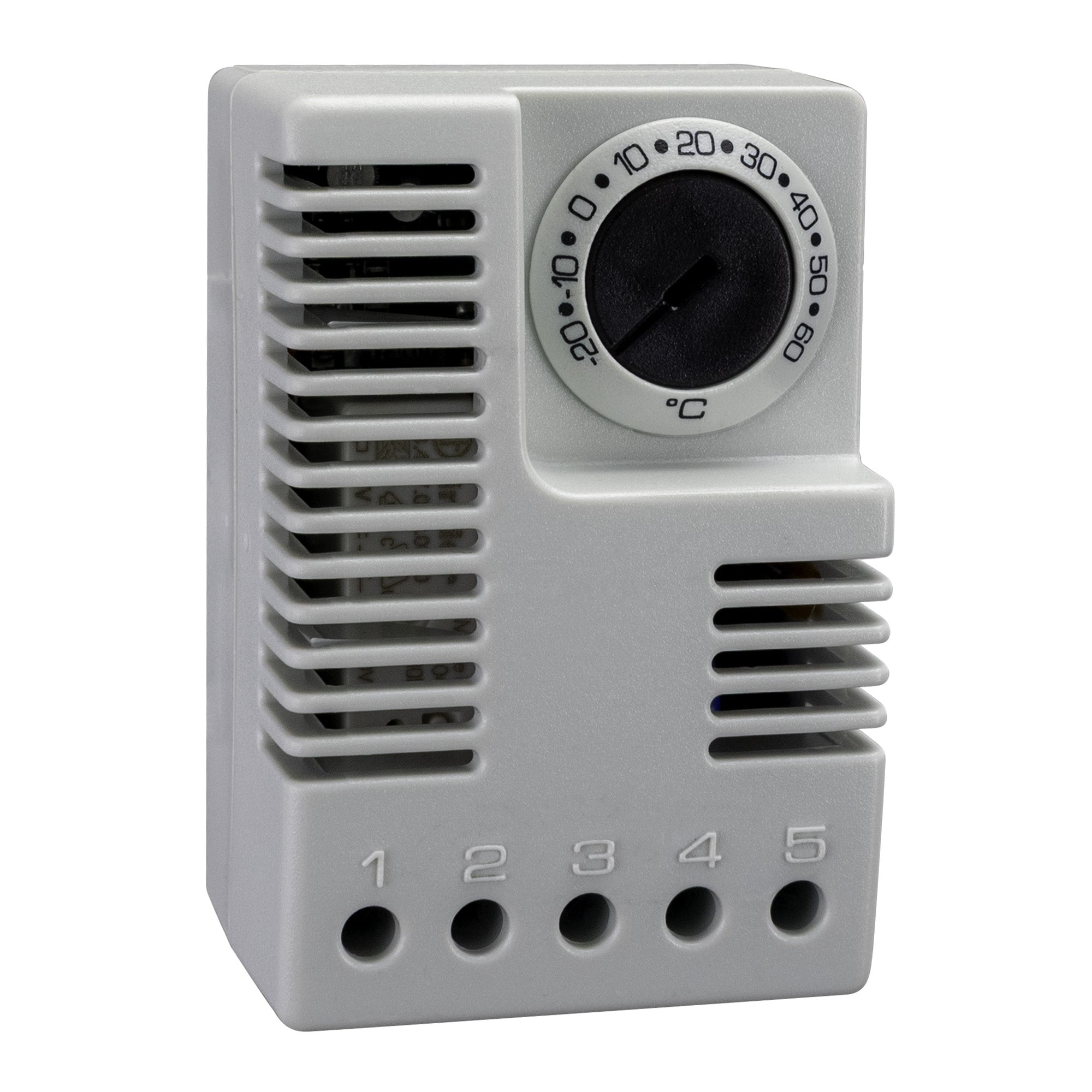 Gray electronic thermostats with dial controls and vented casing.