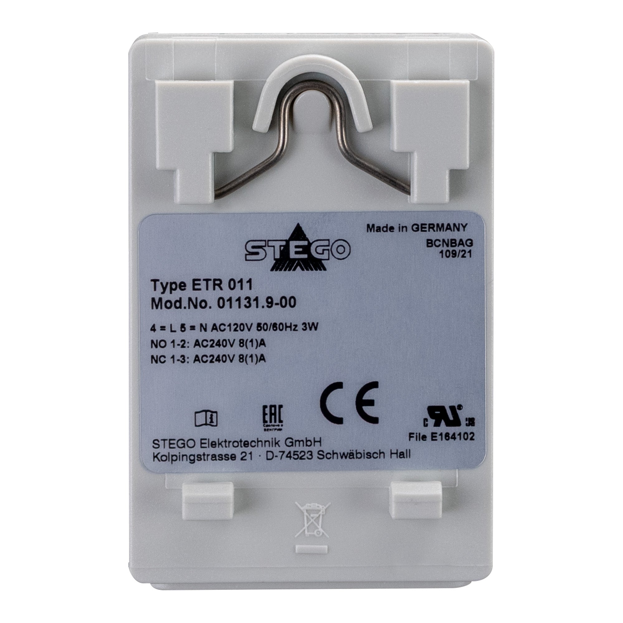 Electrical component with branding and certification labels on a white background