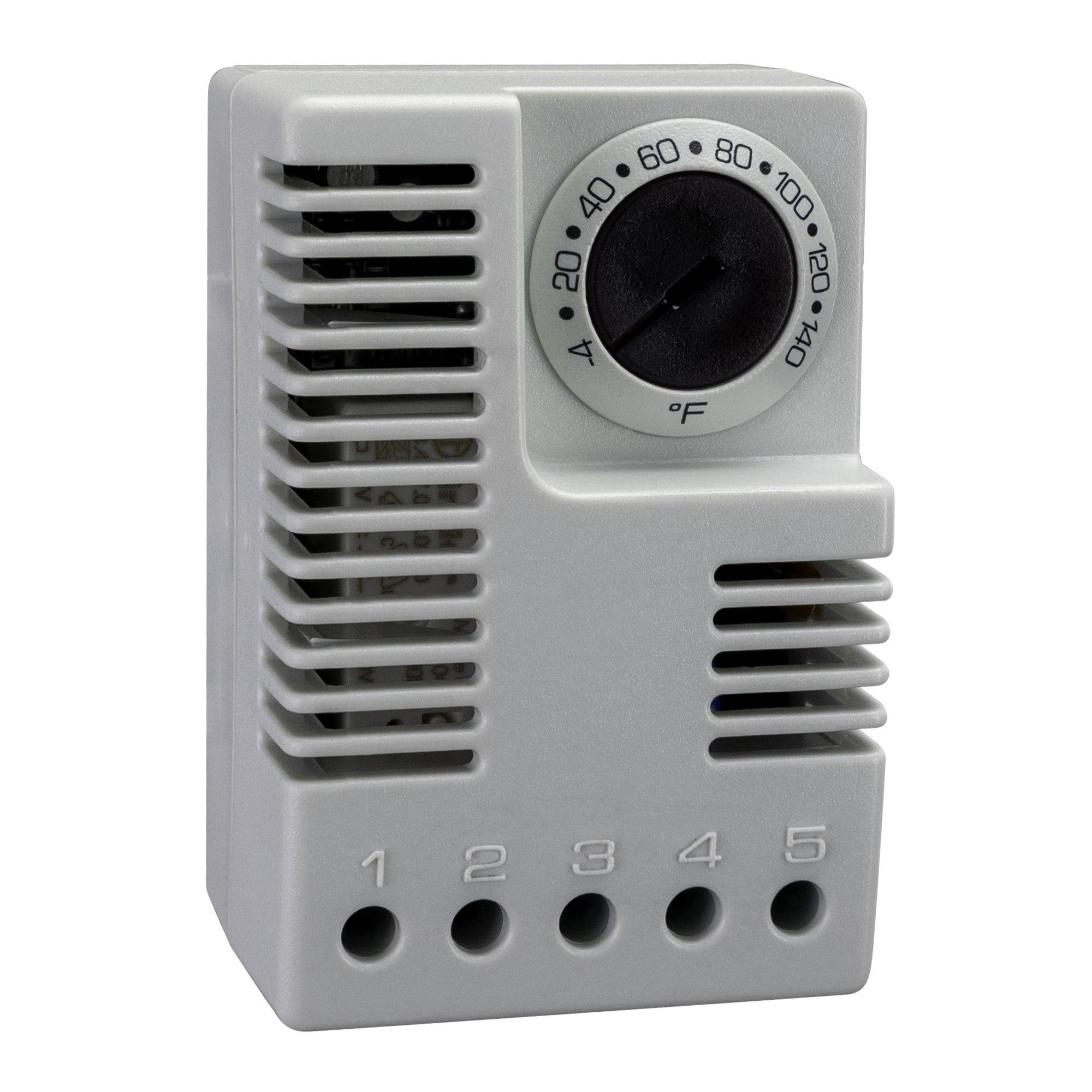 Gray electronic thermostats with dial controls and vented casing.