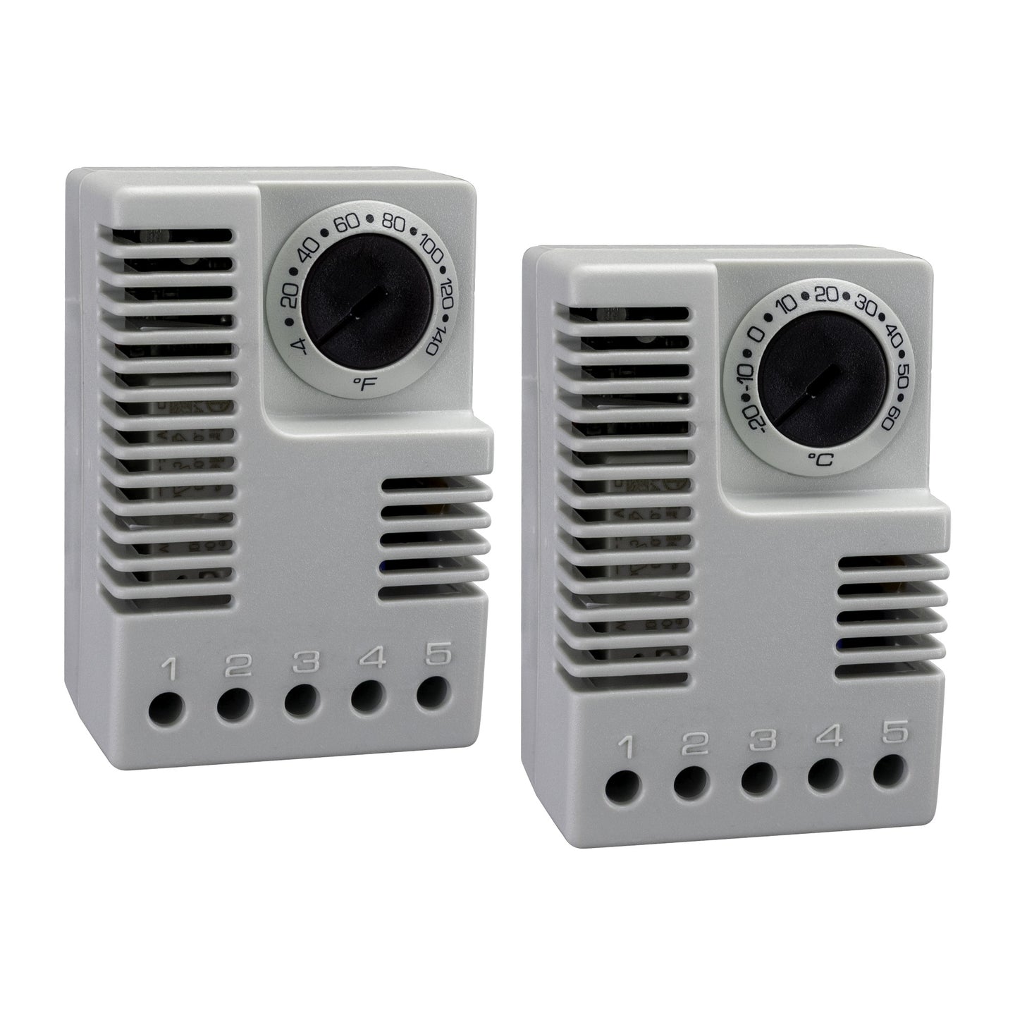 Two gray electronic thermostats with dial controls and vented casing.