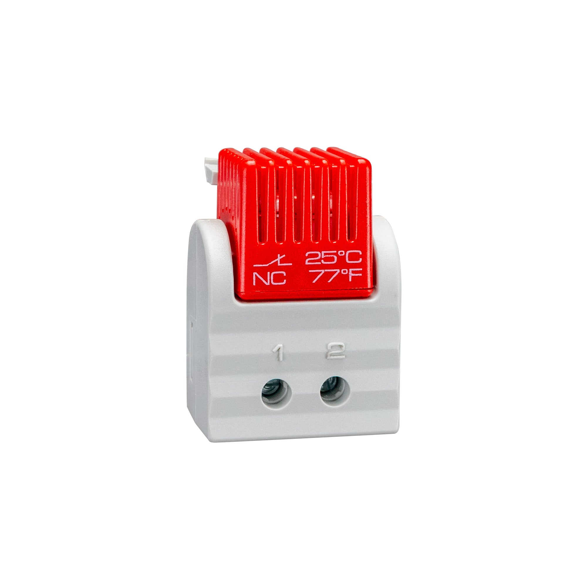 Temperature control switch with red display on a white background