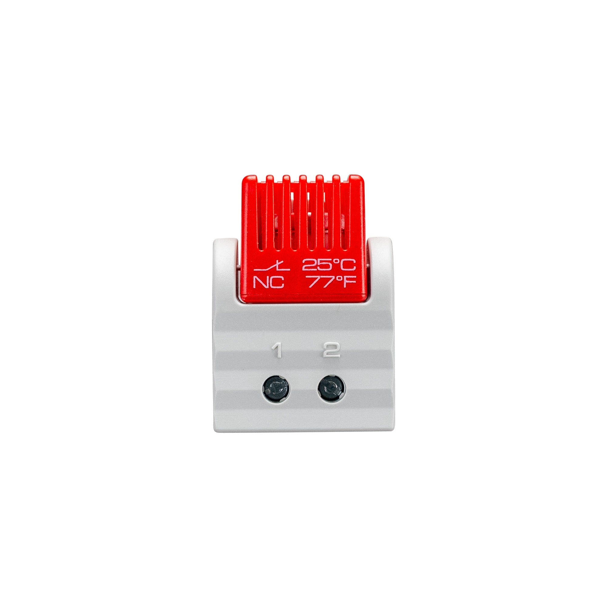 Electrical component with red temperature indicator on a white background