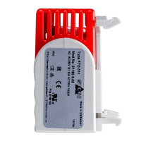 Red and white electronic component with branding on a white background