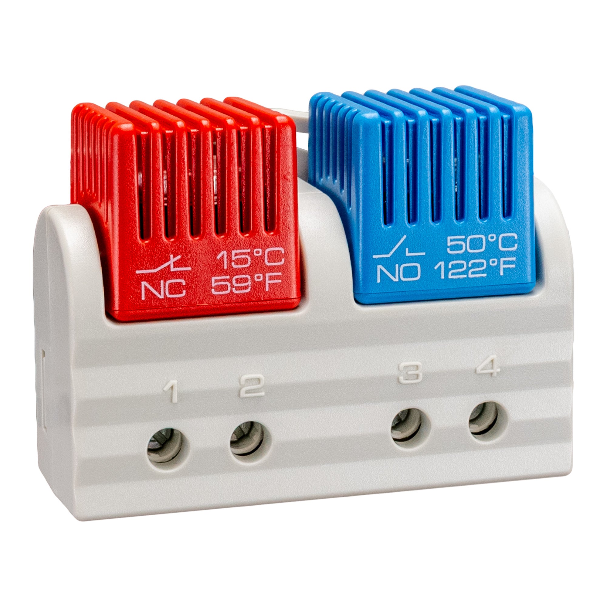 A tamper-proof dual thermostat with one red and one blue color-coded module, labeled with temperature ranges in Fahrenheit and Celsius, mounted on a white base with DIN Rail connectors.