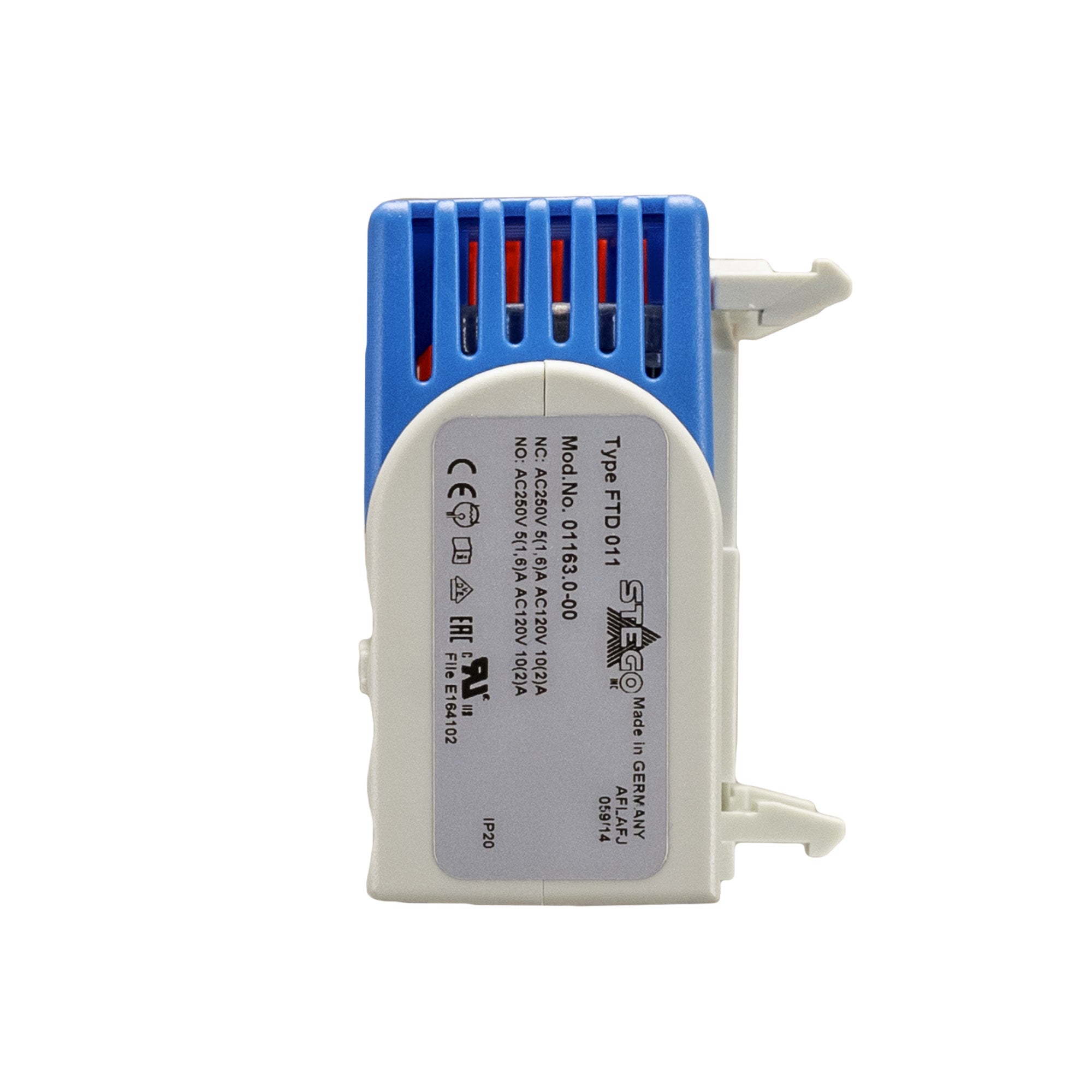 Small electronic device with blue cover and white casing on white background