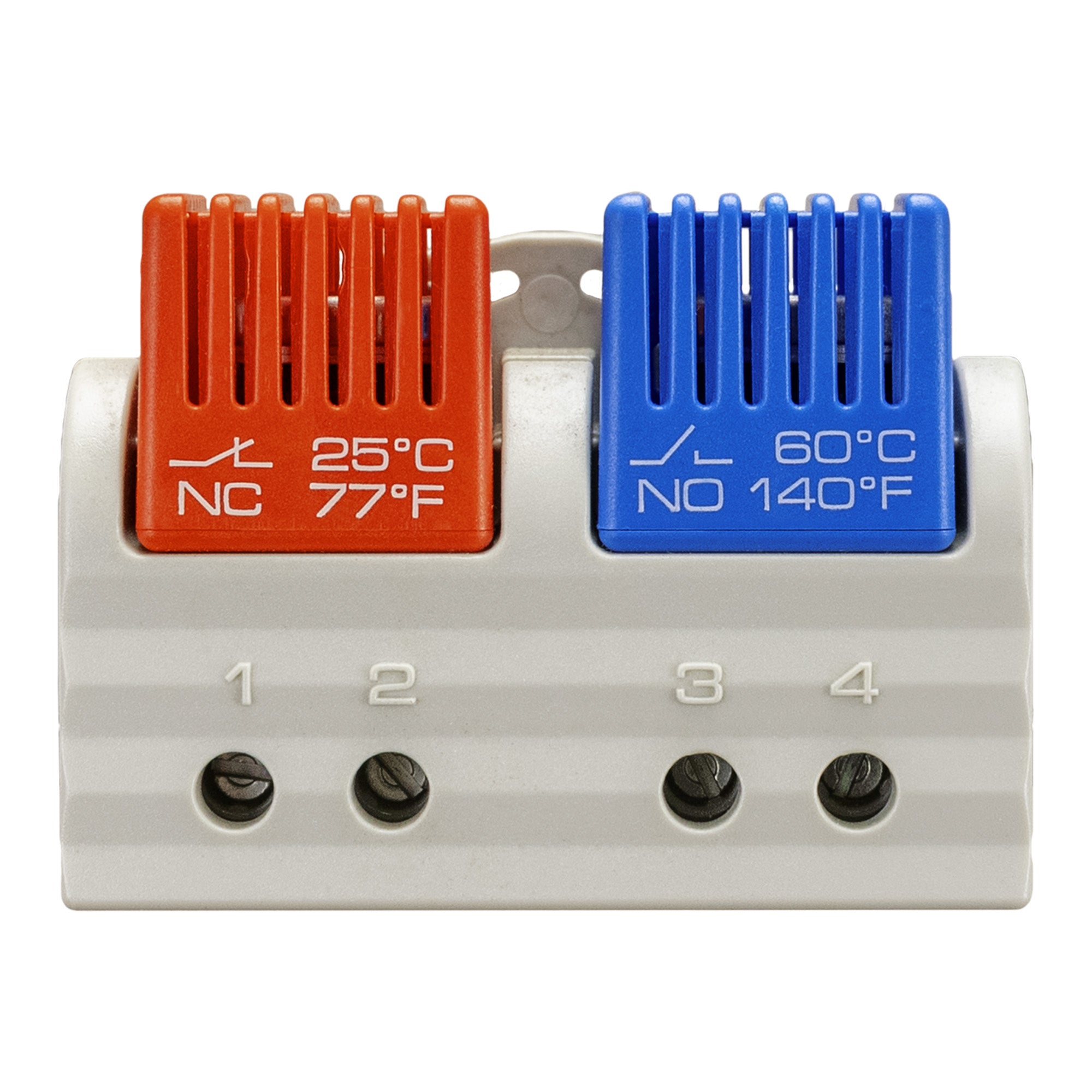 Temperature relay with red and blue contacts on a white background