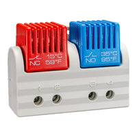 A tamper-proof dual thermostat with one red and one blue color-coded module, labeled with temperature ranges in Fahrenheit and Celsius, mounted on a white base with DIN Rail connectors.