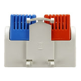 Electrical junction box with blue and red components on a white background