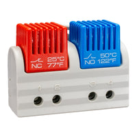 A tamper-proof dual thermostat with one red and one blue color-coded module, labeled with temperature ranges in Fahrenheit and Celsius, mounted on a white base with DIN Rail connectors.