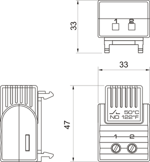 Technical drawing of a heating element with dimensions and labels.
