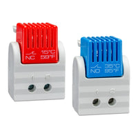 Two color-coded thermostats with red and blue top covers, labeled with temperature setpoints, connected to a white base via DIN Rail.