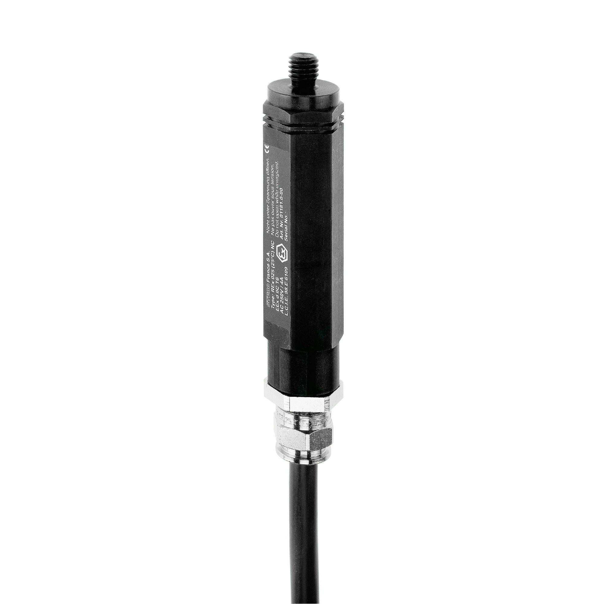 Black sensor with cable on a white background