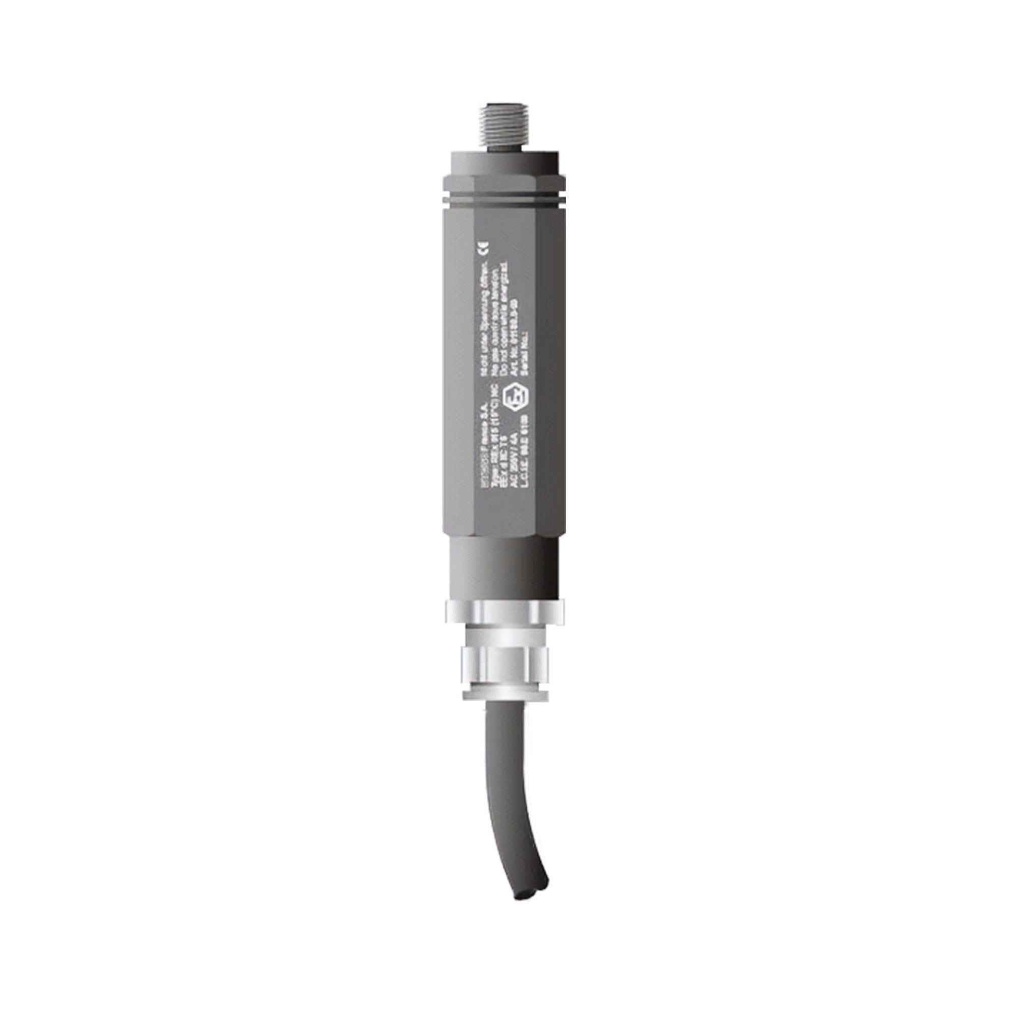 Gray cylindrical device with a wire on a white background.