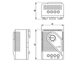 Black on white 3-faced of illustration of a mechanical hydrostat identifying product dimensions.