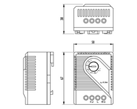 Black on white 3-faced of illustration of a mechanical hydrostat identifying product dimensions.