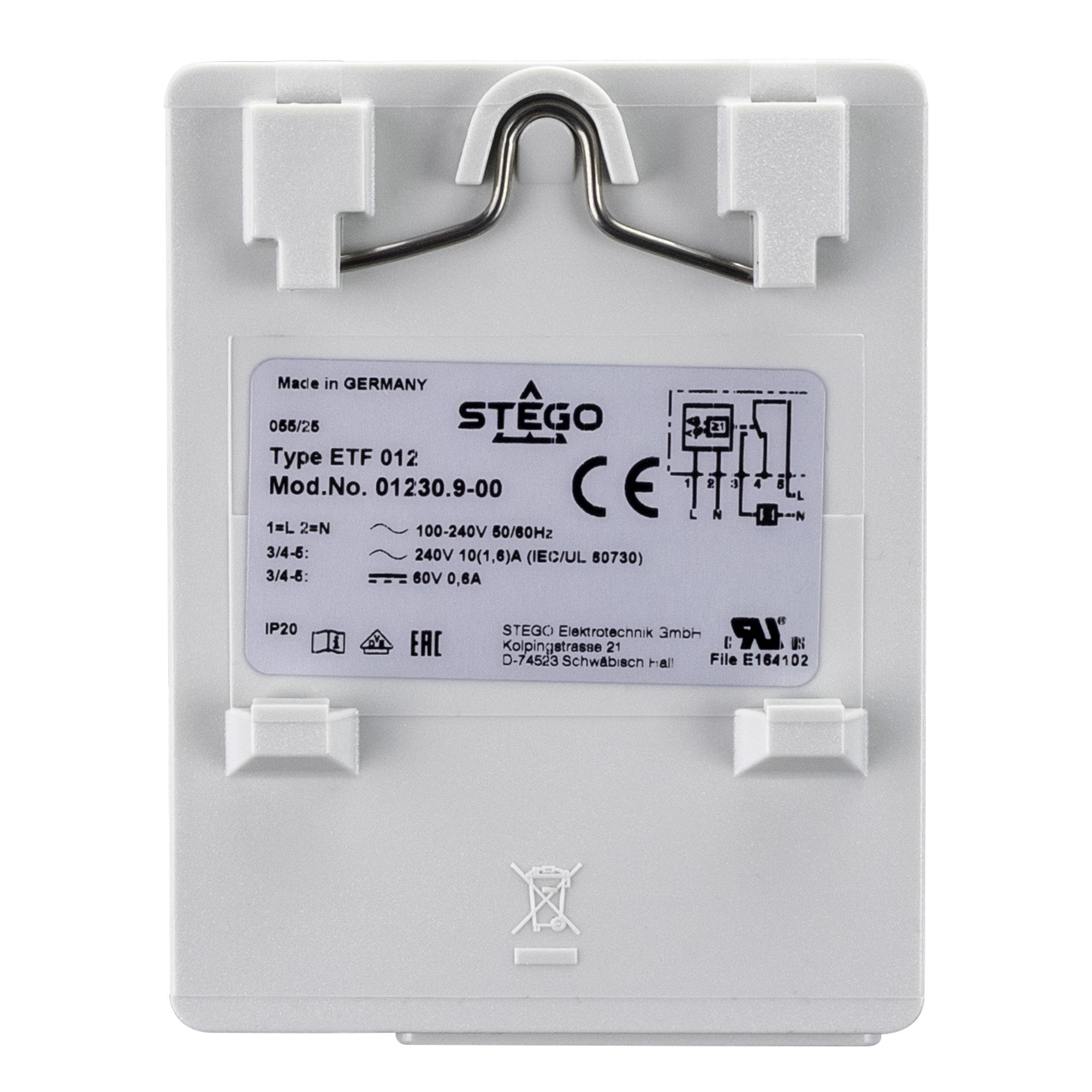 Electrical component with label and certification marks on a white background