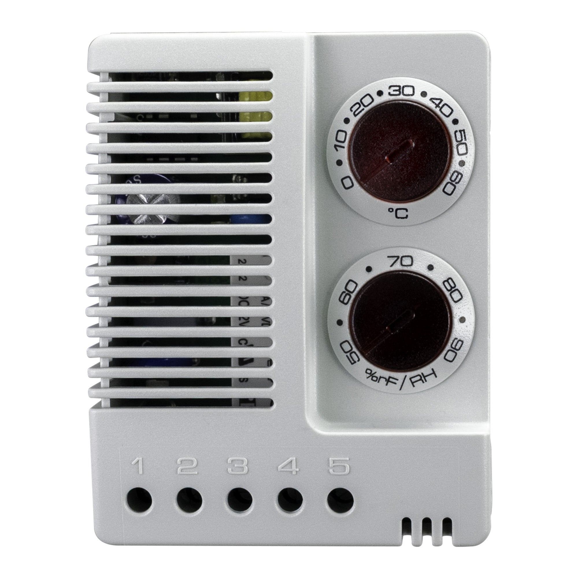 Vintage-style air conditioning control panel with temperature dials and fan settings.