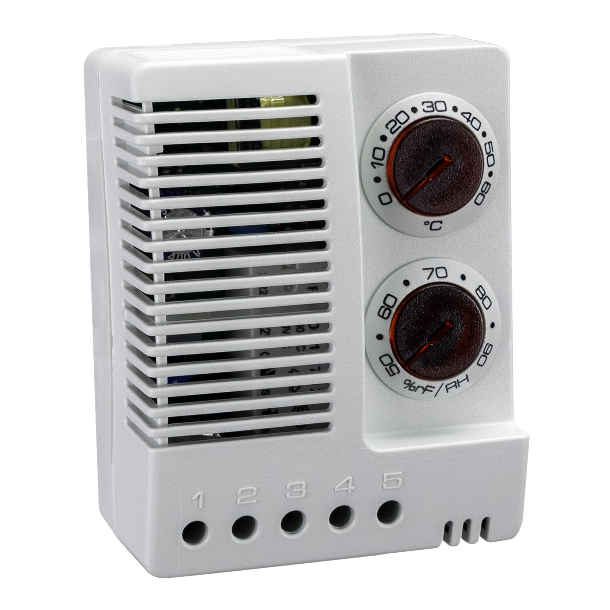 White air conditioning unit with control dials on a white background