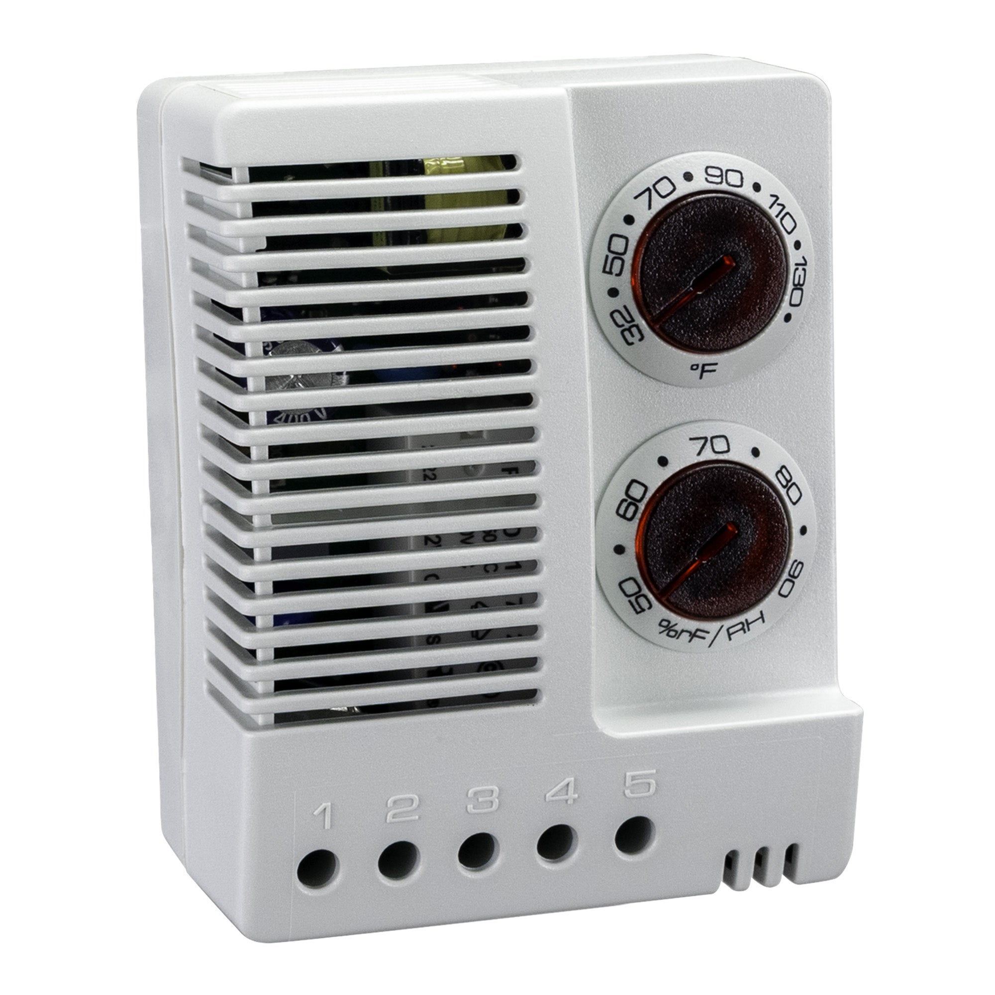 White air conditioning control panel with temperature dials and numbers.