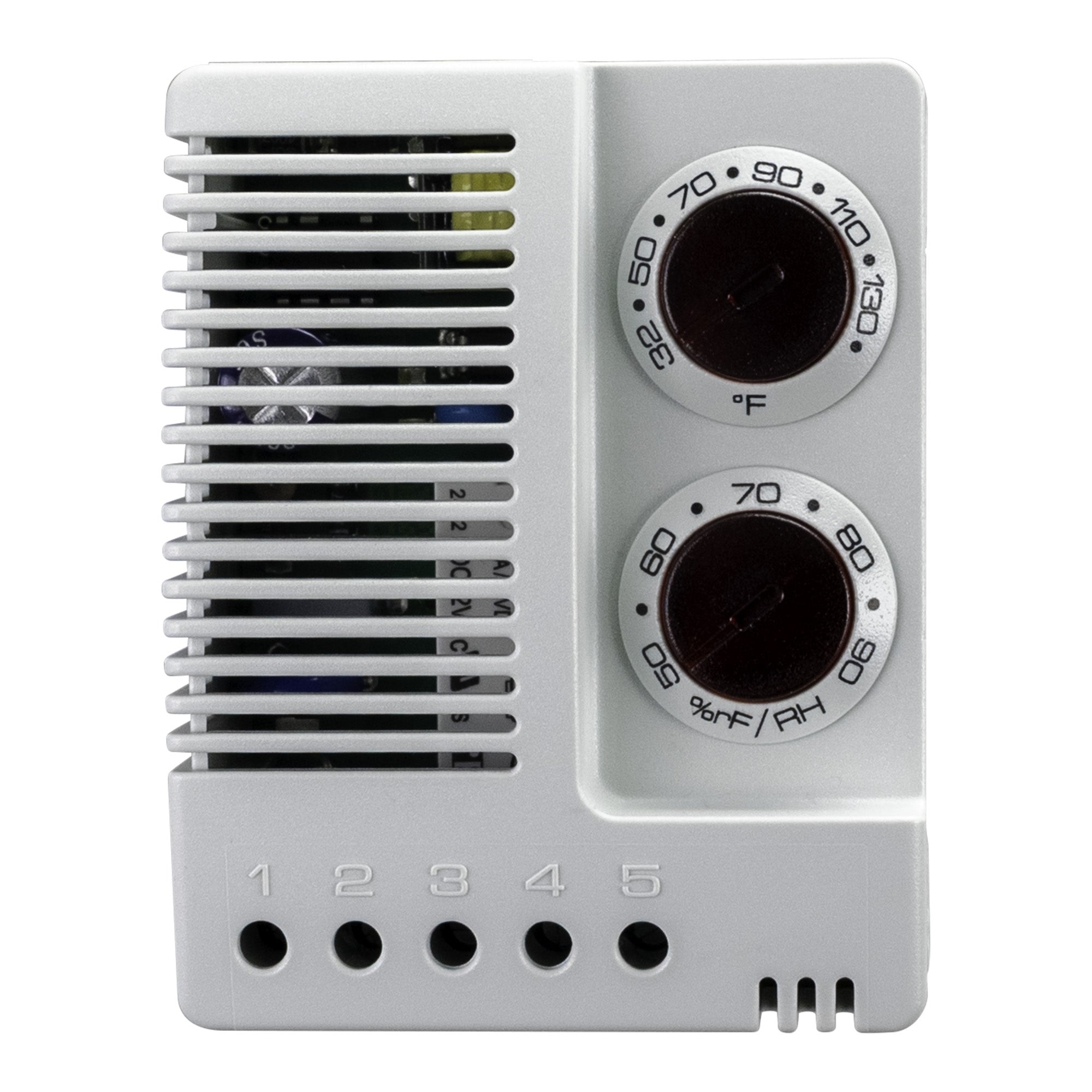 White air conditioning control panel with temperature dials on a white background