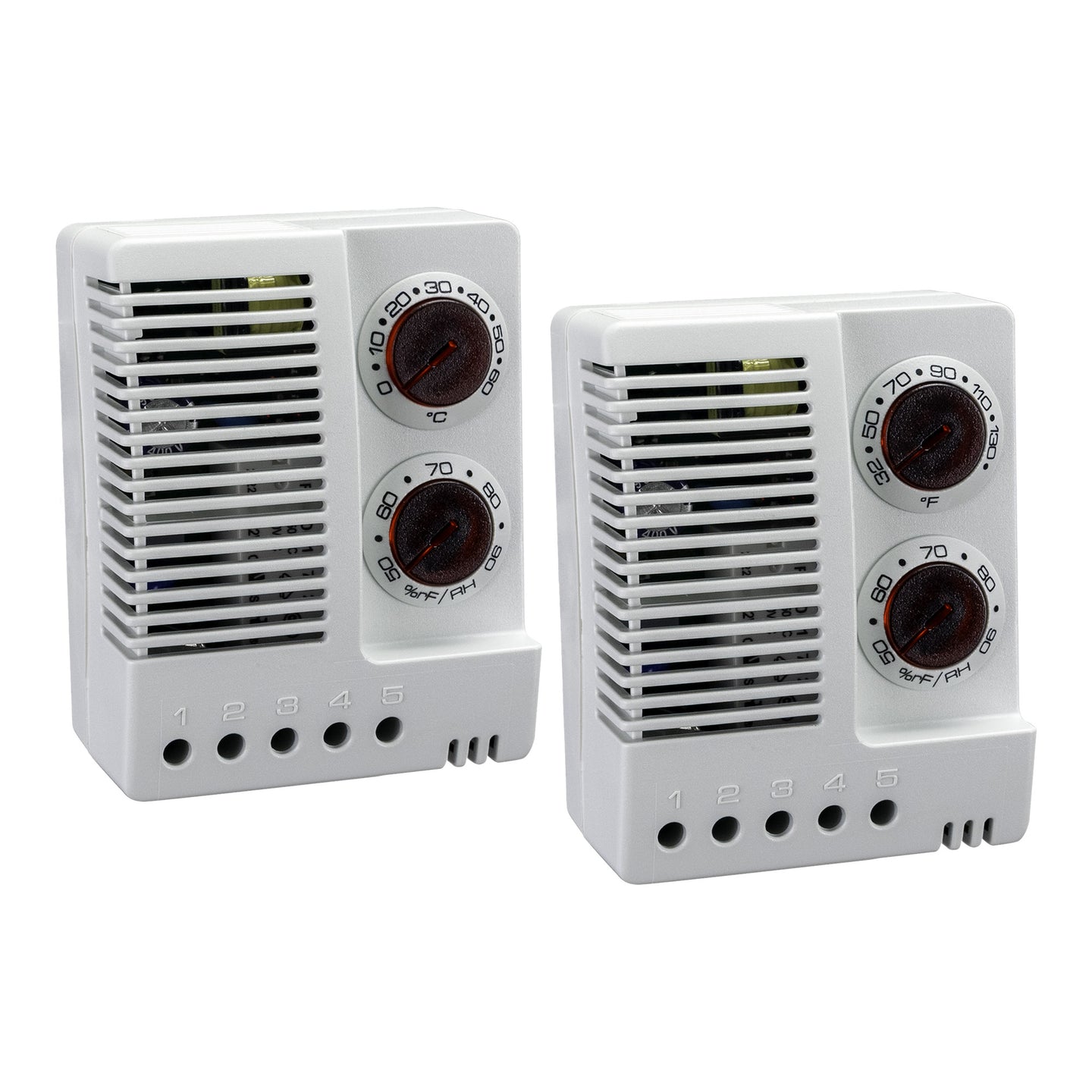 Two white electronic hygrotherms with black adjustment knobs and LED indicators, designed for enclosure humidity and temperature control.