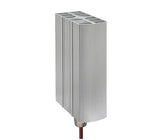 Silver explosion proof heater mounted on a DIN rail with a red cable coming out of the bottom on a white background.
