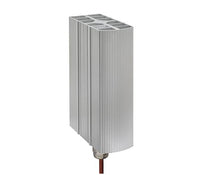 Silver explosion proof heater mounted on a DIN rail with a red cable coming out of the bottom on a white background.