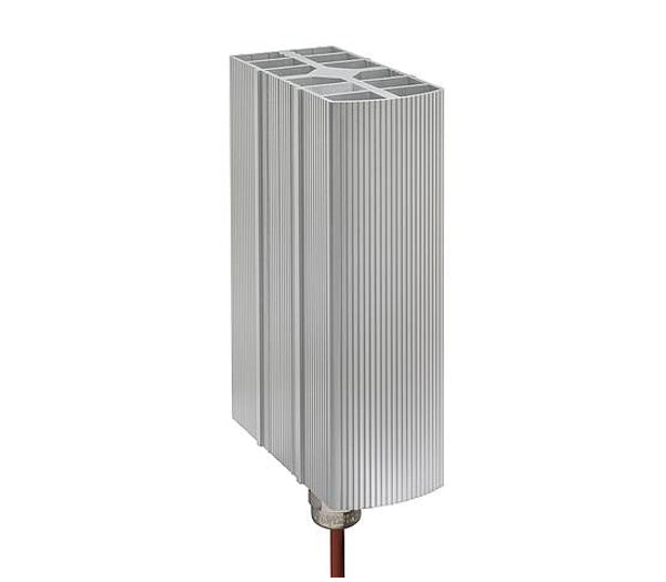 Silver explosion proof heater mounted on a DIN rail with a red cable coming out of the bottom on a white background.