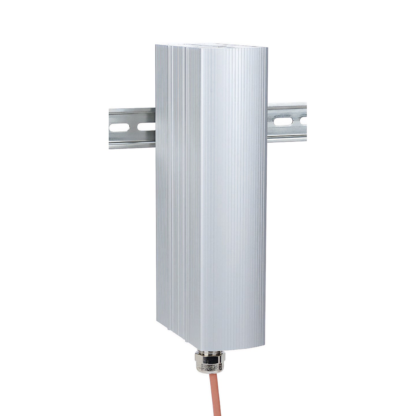 Silver explosion proof heater mounted on a DIN rail with a red cable coming out of the bottom on a white background.