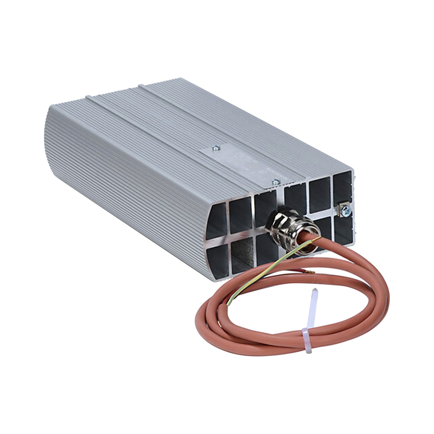 Silver explosion proof heater mounted on a DIN rail with a red cable coming out of the bottom on a white background.