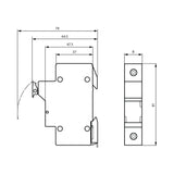 Black on white technical drawing with dimensions of a fuse holder on a white background.
