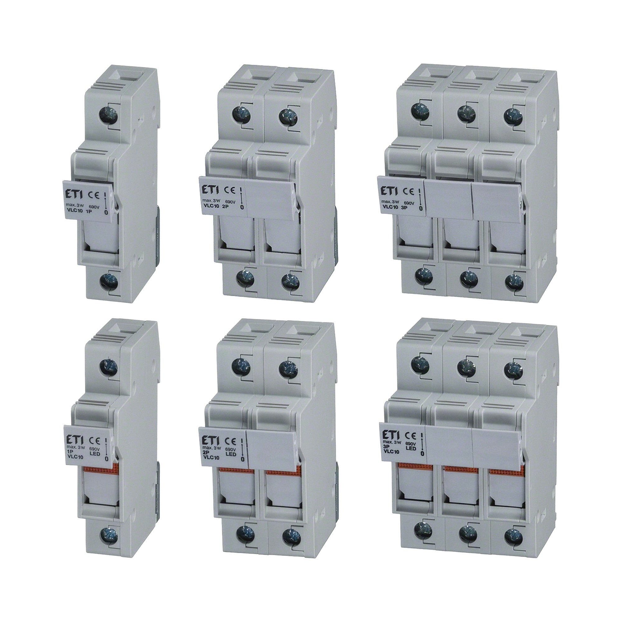 Set of six electrical circuit breakers on a white background