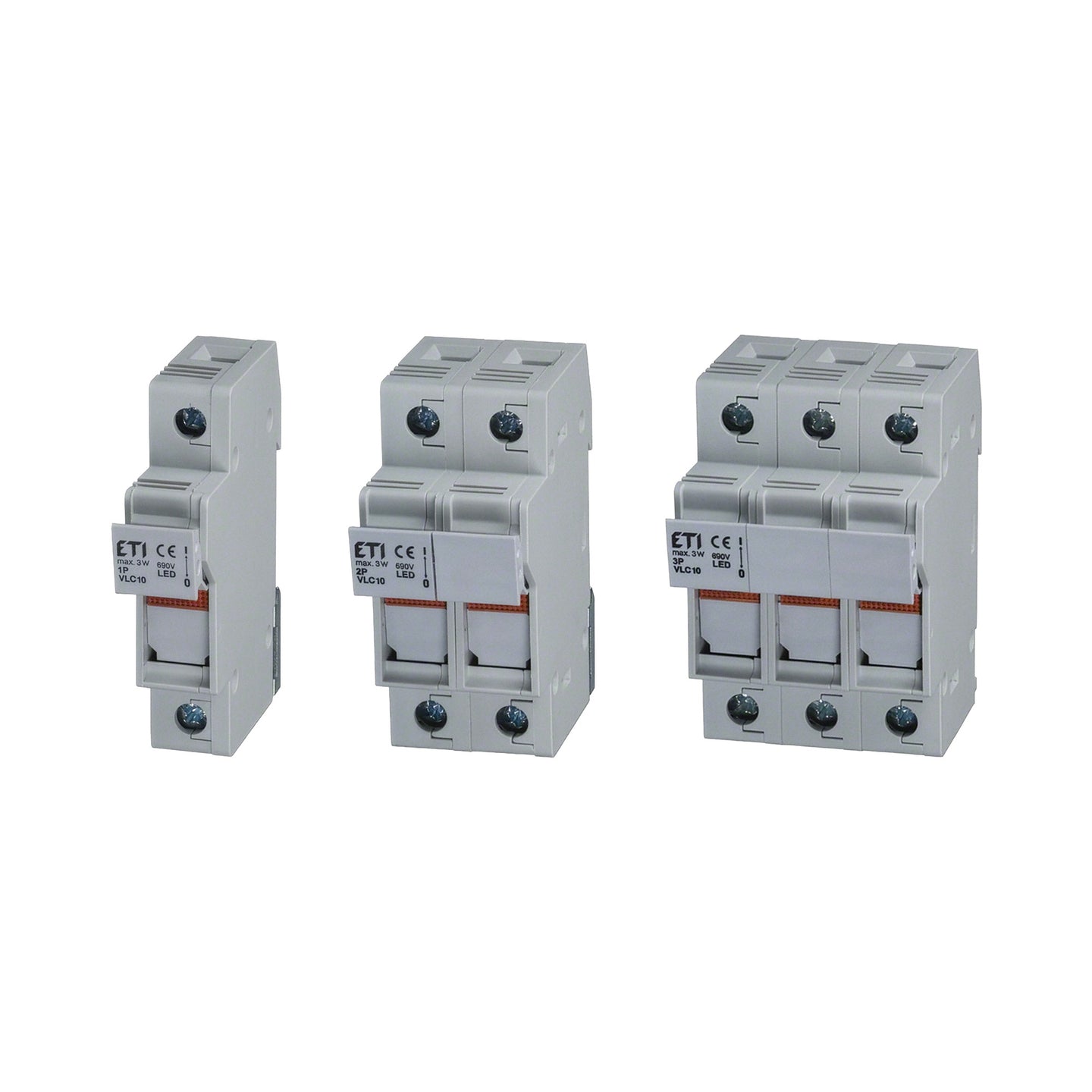 Three electrical circuit breakers with ETI branding on a white background