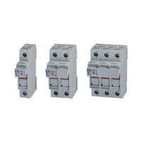 Three electrical circuit breakers with ETI branding on a white background