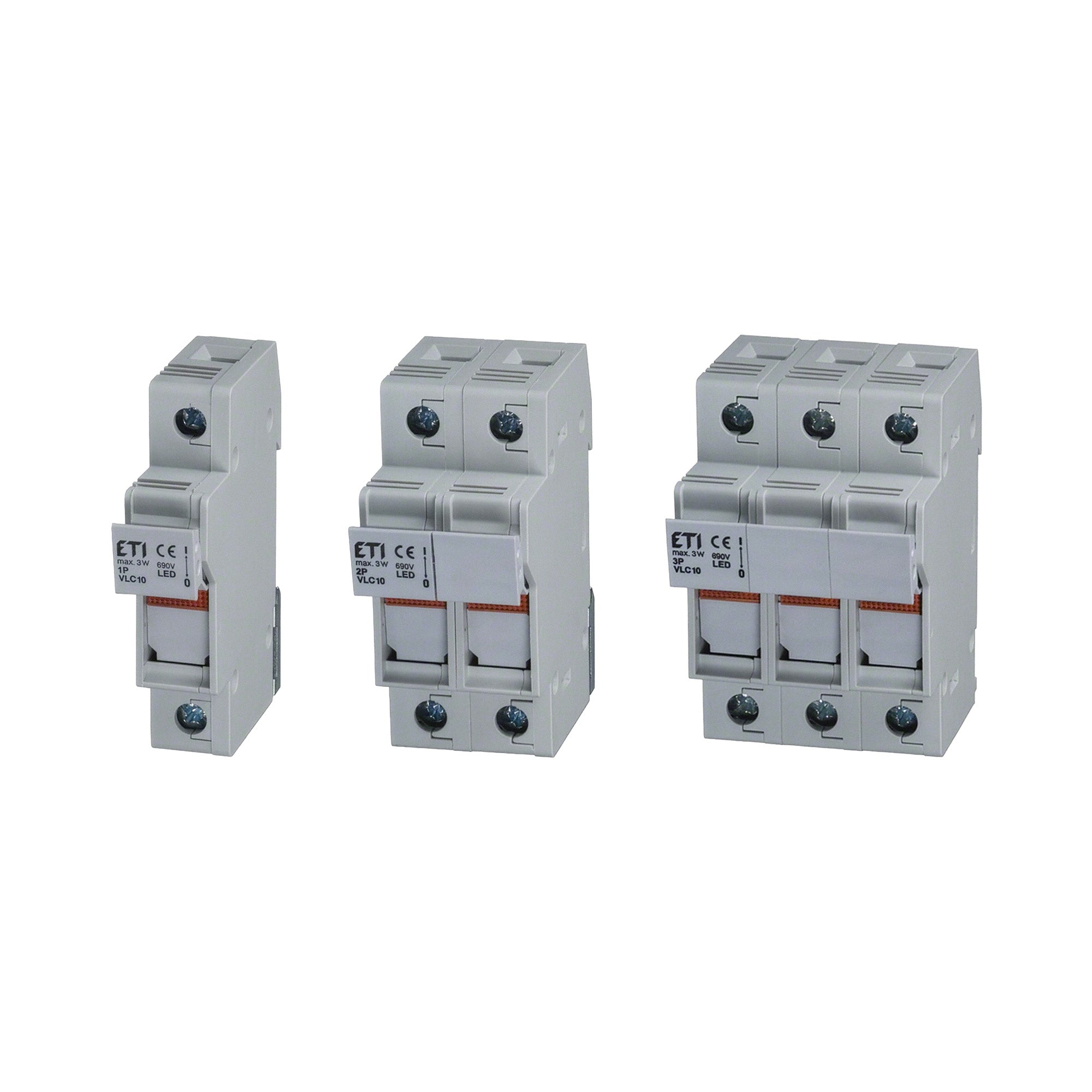 Three electrical circuit breakers with ETI branding on a white background