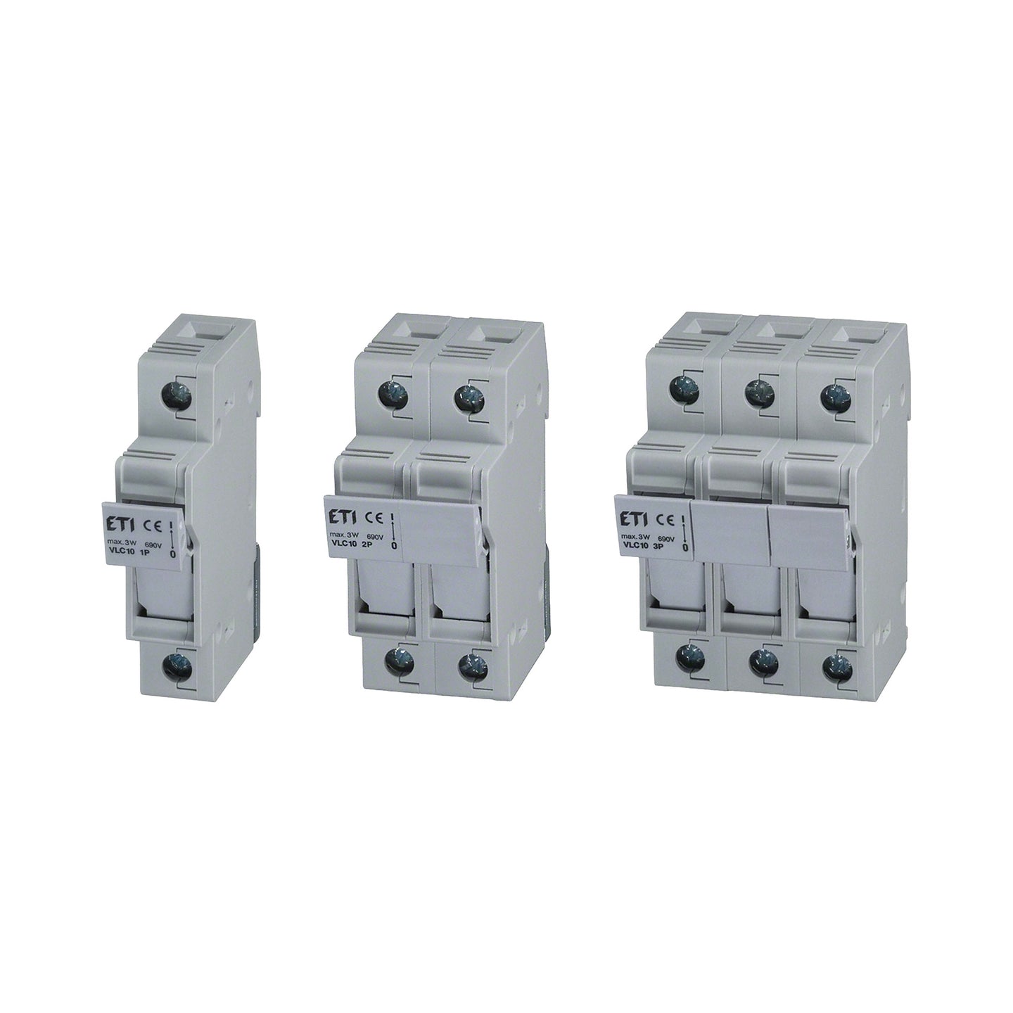 Three ETI circuit breakers of different ratings on a white background