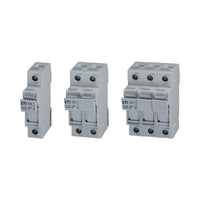 Three ETI circuit breakers of different ratings on a white background