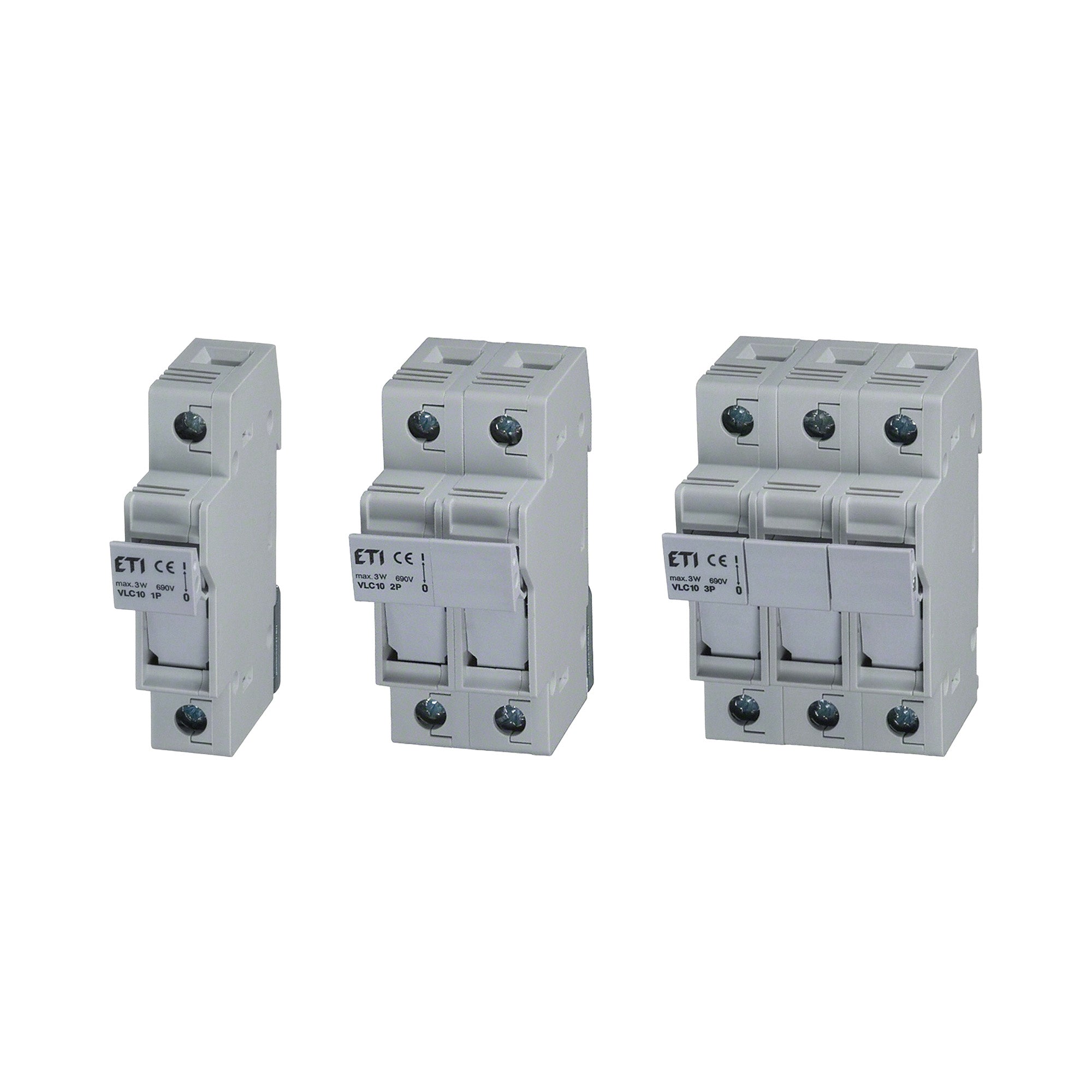 Three ETI circuit breakers of different ratings on a white background
