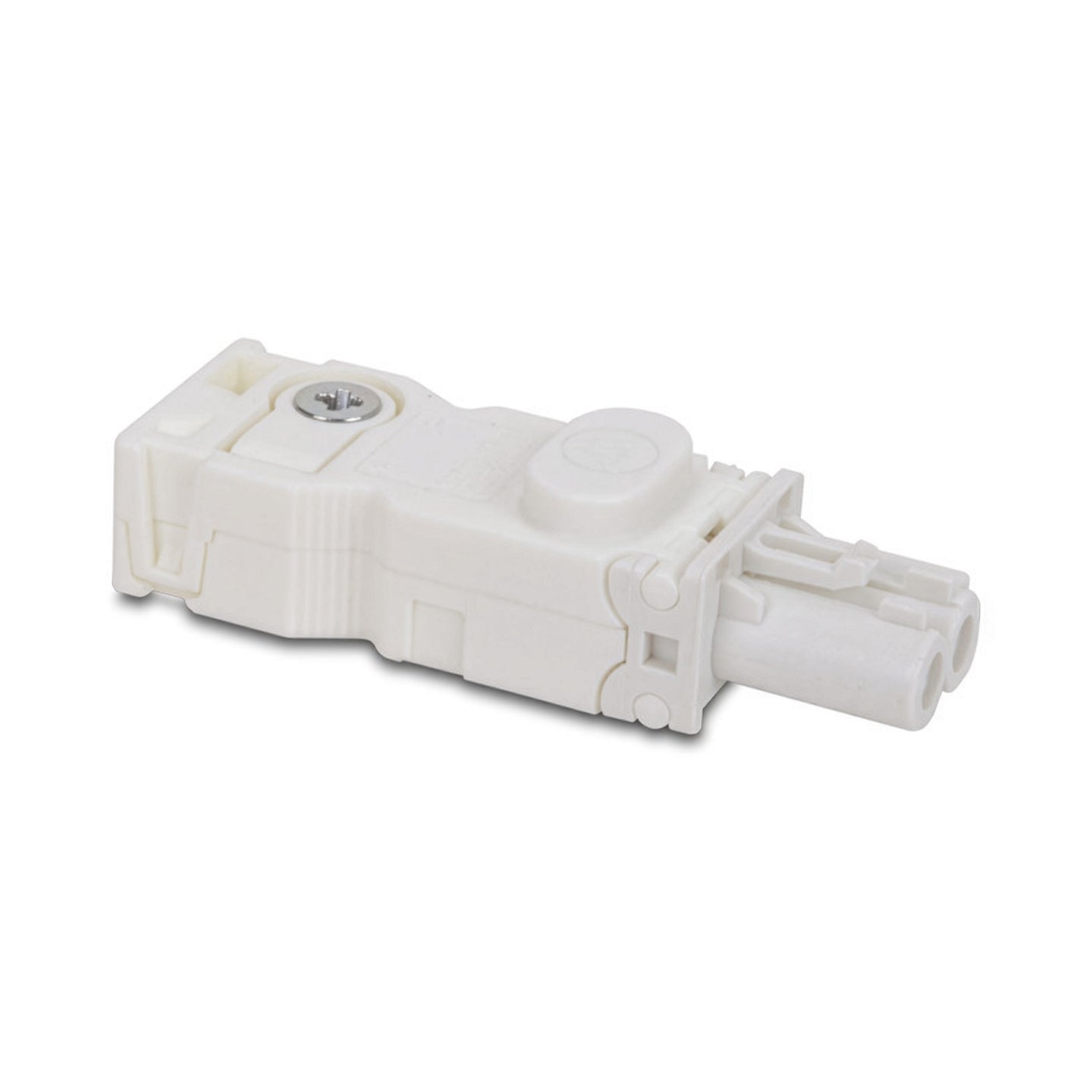 White electrical connector on a white background.