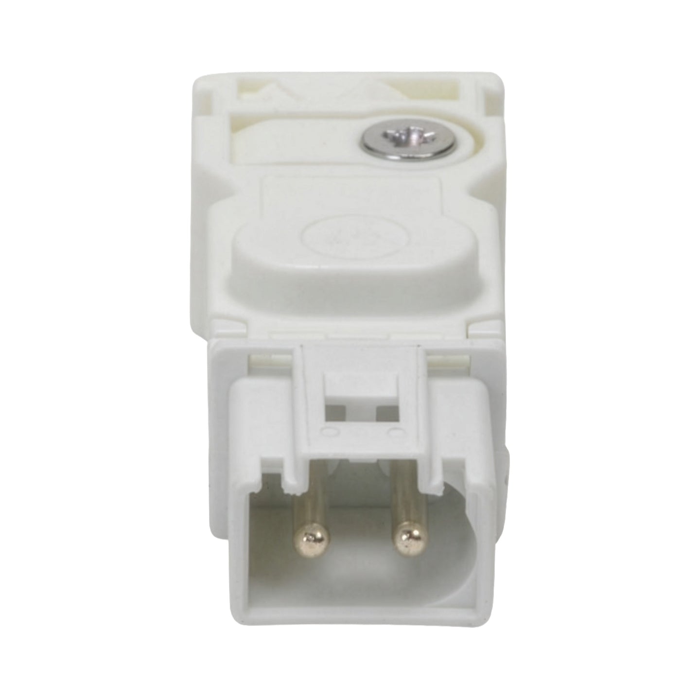 White electrical connector on a white background.