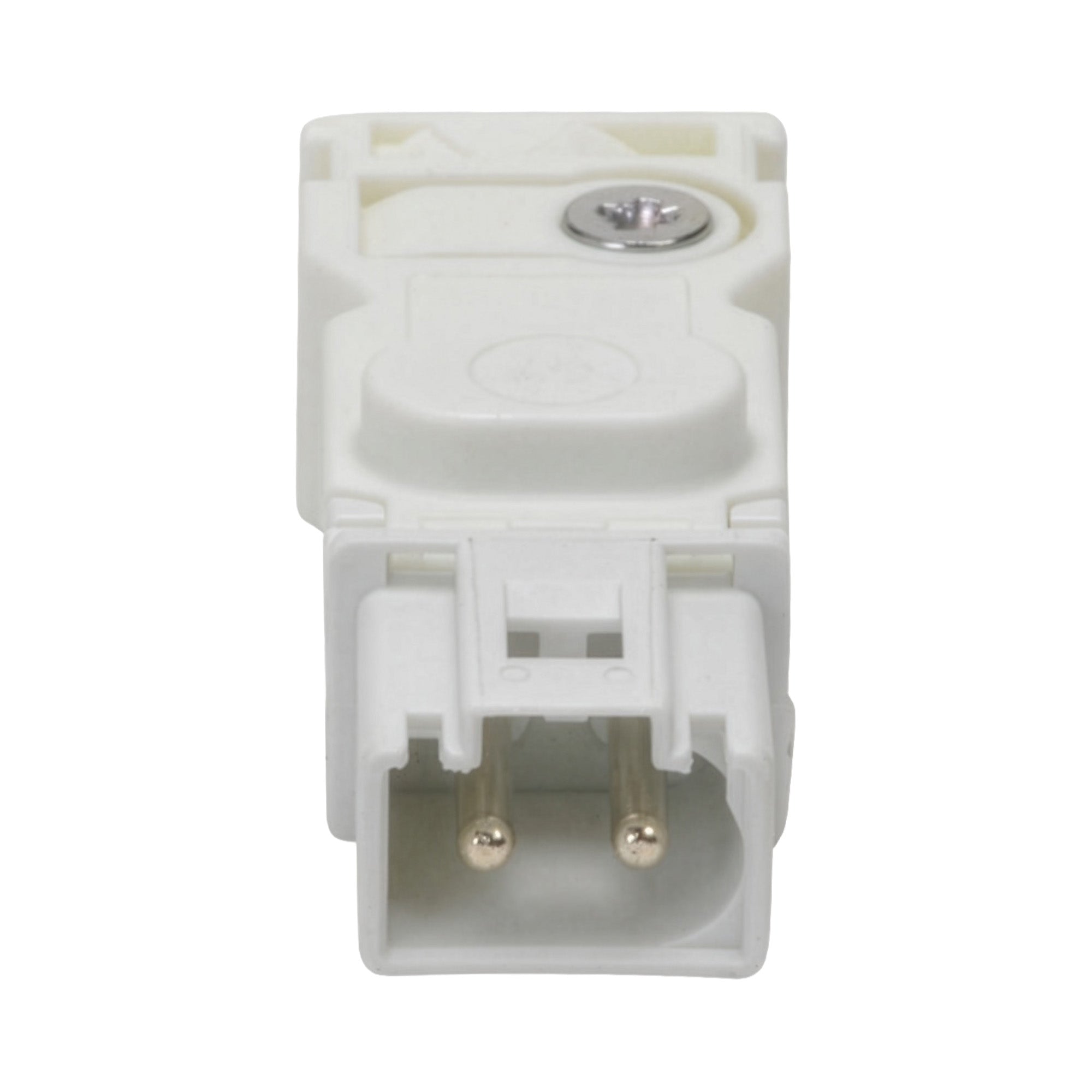 White electrical connector on a white background.