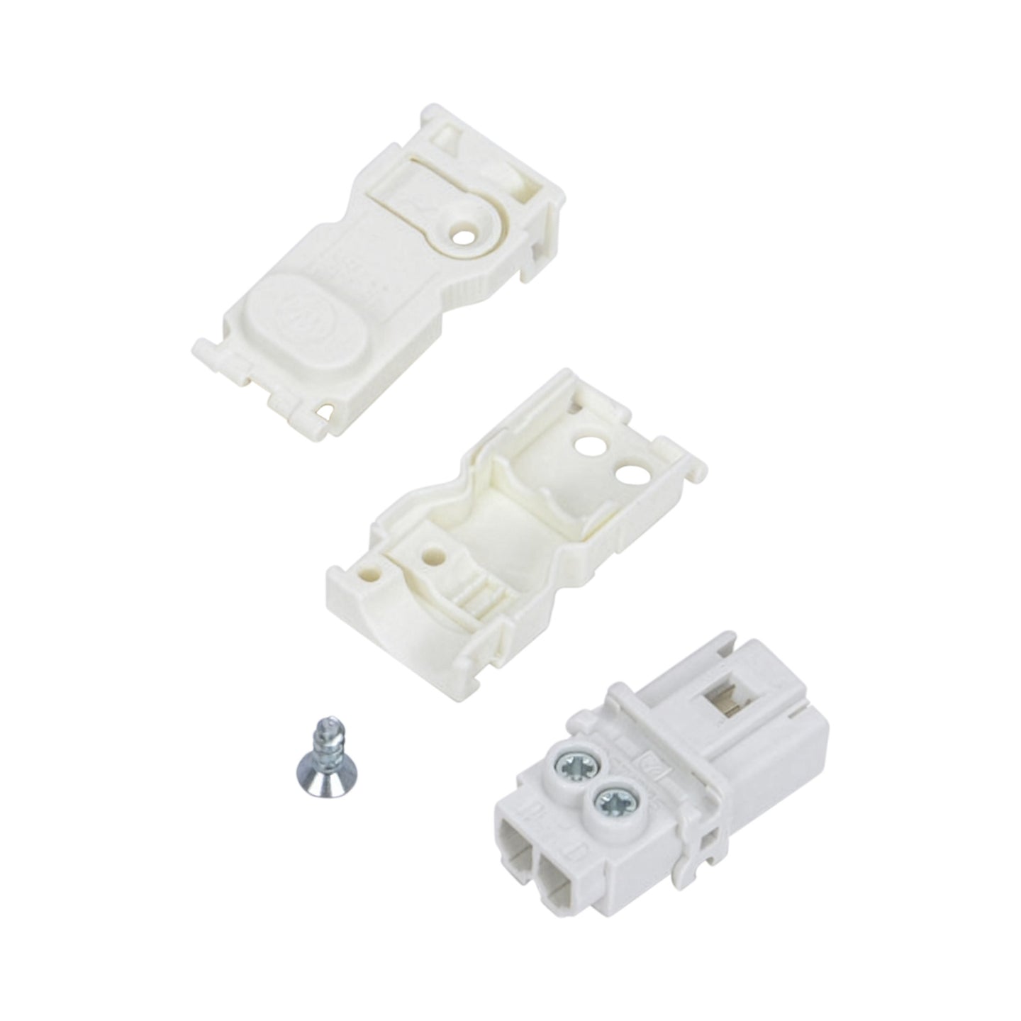 Three white electrical connectors with a screw on a white background.