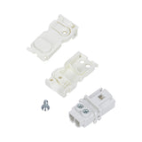 Three white electrical connectors with a screw on a white background.
