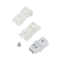 Three white electrical connectors with a screw on a white background.