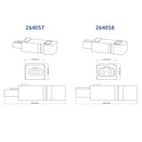 Technical drawings of two mechanical components with dimensions labeled 264057 and 264058 on a white background.