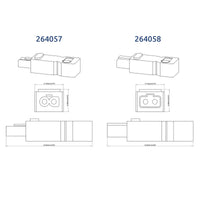 Technical drawings of two mechanical components with dimensions labeled 264057 and 264058 on a white background.